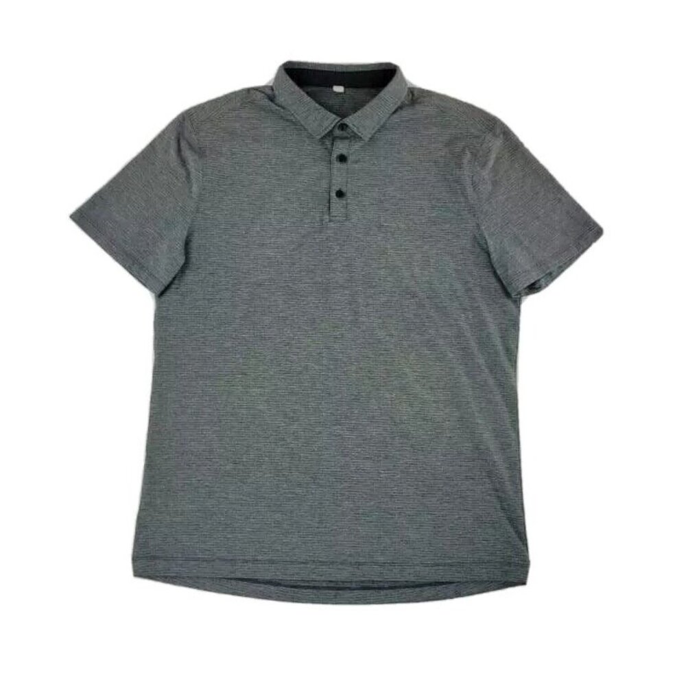 Lululemon Mens Polo Shirt L Heather Grey Striped Collared Short Sleeve